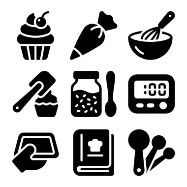 Pişirme ve hamur işi için basit vektör simgeleri. Kek ve diğer tatlılar için fırça, boru torbası, zamanlayıcı ve malzemeler gibi mutfak aletleri.