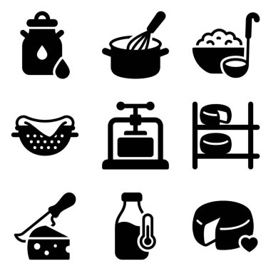 Peynir yapma sürecini temsil eden siyah kabartma simgelerinden oluşan bir koleksiyon. Süt, karıştırma, kaymak, süzme, baskı, yaşlanma, kesme ve son peynir ürününü içerir.