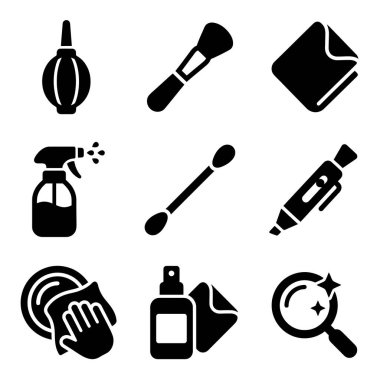 Çeşitli temizlik malzemelerini temsil eden dokuz siyah katı ikondan oluşan bir koleksiyon. Bir hava üfleyici, fırça, bez, sprey şişesi, pamuk çubuğu, lens ve teftiş büyüteç camı içerir..