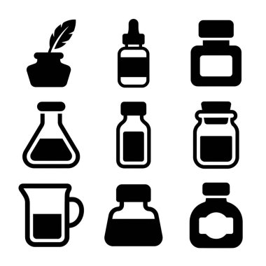 Dokuz vektör simgesi farklı konteynır şekillerini gösteriyor. Bir mürekkep hokkası, bir tüy kalem şişesi, bir laboratuvar şişesi, bir deney şişesi ve çeşitli mürekkep şişeleri.