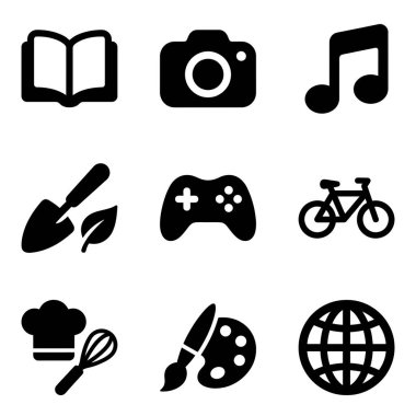 Okuma, fotoğrafçılık, müzik, bahçıvanlık, oyun, bisiklet, yemek pişirme, resim ve seyahat gibi çeşitli hobileri ve aktiviteleri tasvir eden dokuz basit siyah simge koleksiyonu..