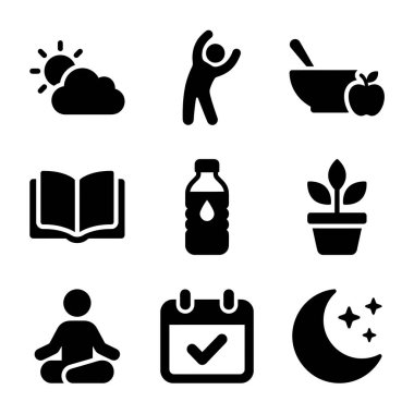 Spor, iyi beslenme, su, meditasyon, okuma gibi sağlıklı alışkanlıkları temsil eden dokuz basit siyah ikondan oluşan bir derleme ve düzenli bir günlük rutin için uyku..