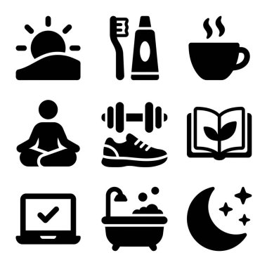 Sabah rutini, egzersiz, iş, rahatlama ve sağlıklı bir yaşam için uyku gibi günlük programı temsil eden dokuz basit siyah ikondan oluşan bir koleksiyon..
