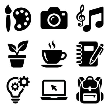 Sanat, fotoğrafçılık, müzik, doğa, kahve, yazım, fikirler, teknoloji ve web ve mobil tasarım için seyahat ikonlarından oluşan bir koleksiyon..