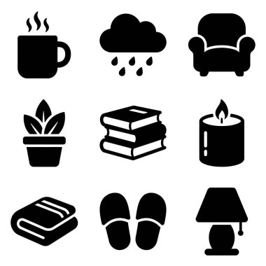 Sıcak bir içecek, yağmurlu hava, koltuk, bitki, kitap, mum, battaniye, terlik ve lamba da dahil olmak üzere dokuz adet koyu siyah simge..