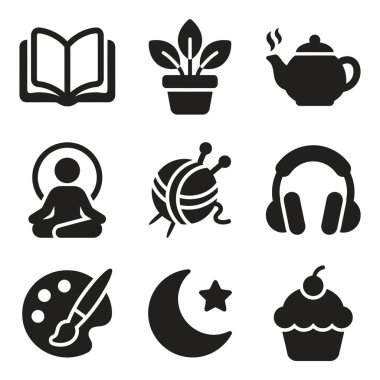 Okuma, meditasyon, örgü, resim, müzik ve din gibi çeşitli hobileri ve ilgi alanlarını temsil eden basit siyah simgelerden oluşan bir koleksiyon..