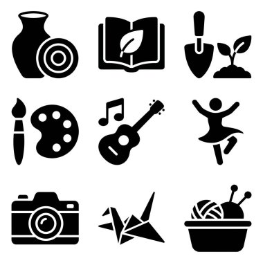 Resim, müzik, fotoğraf, bahçıvanlık ve origami gibi çeşitli sanat, el sanatları ve hobileri temsil eden dokuz adet siyah sembol. Yaratıcı meşgaleler için izole vektör sembolleri.