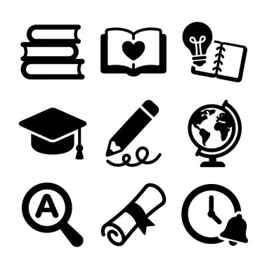 Kitap, mezuniyet, öğrenim, bilgi ve zaman yönetimi gibi eğitici kavramları temsil eden dokuz basit simge seti, beyaz bir arkaplanda izole edilmiş..