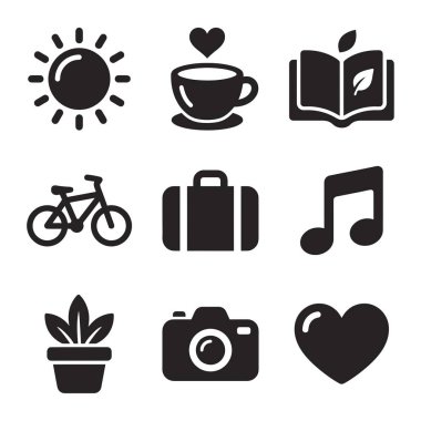 Seyahat, müzik, okuma, fotoğraf ve beyaz arka planda bisiklet gibi çeşitli hobileri ve ilgi alanlarını temsil eden dokuz düz siyah simge koleksiyonu..