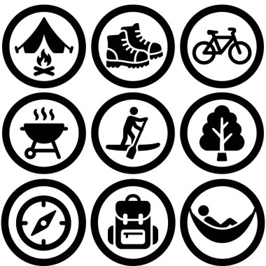Kamp yapmak, yürüyüş yapmak, bisiklete binmek, ızgara yapmak, kürek çekmek ve doğada dinlenmek gibi doğa aktivitelerini temsil eden dokuz siyah beyaz vektör ikonundan oluşan bir koleksiyon..