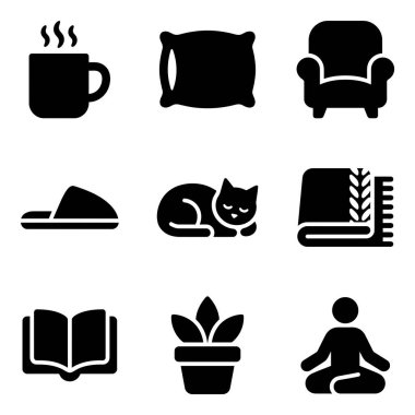 Bir kedi, kitap, çay, yoga ve ev rahatlığı ve kişisel bakım için sıcak bir battaniye de dahil olmak üzere, kızlık zarı yaşam tarzını temsil eden dokuz basit siyah ikondan oluşan bir koleksiyon..