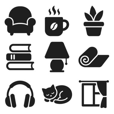 Uyuyan kedi, sıcak içecek, kitaplar, müzik ve rahat bir sandalye gibi konfor ve rahatlık sembolleri içeren ikon setler. Hygge ve rahatlama kavramları için mükemmel..