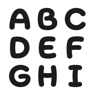 İngiliz alfabesinin ilk dokuz harfi, A 'dan I' ya. Yazı tipi kalın, yuvarlak ve oyuncu, el yapımı bir hissi var. Eğitim materyallerinde kolay kullanım için beyaz bir arkaplanda izole edilmiş.