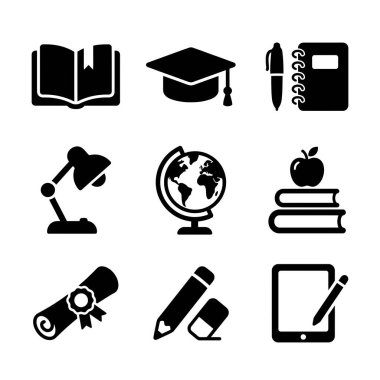 Eğitim, mezuniyet şapkası, dünya, diploma ve tablet gibi konuları temsil eden dokuz siyah vektör ikonu..