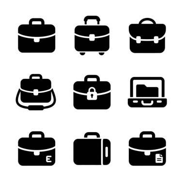 Bir çanta, omuz çantası, kilitli portföy ve dizüstü bilgisayar çantası da dahil olmak üzere farklı türde çantaları gösteren izole edilmiş siyah vektör simgeleri..