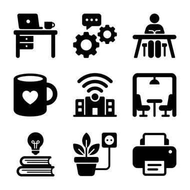 Modern ofis hayatını, uzaktan çalışmayı, teknolojiyi ve yaratıcı üretkenliği temsil eden dokuz siyah simgeden oluşan çok yönlü bir set. Masa, yazıcı ve birlikte çalışma sembollerini içerir.