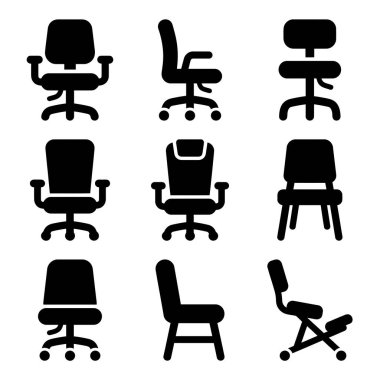 Ergonomik, dönüşümlü ve basit tasarımlar da dahil olmak üzere çeşitli ofis sandalyelerini temsil eden dokuz farklı siyah siluet simgesi. Mobilya veya iş kavramları için vektör illüstrasyonu.