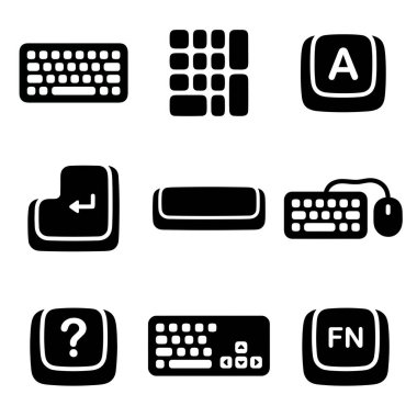 Tam bir klavye, numpad, anahtar, boşluk çubuğu, fonksiyon anahtarı ve fare tuşlu bir klavye gibi bilgisayar klavye elemanlarını tasvir eden dokuz katı siyah simge kümesi.