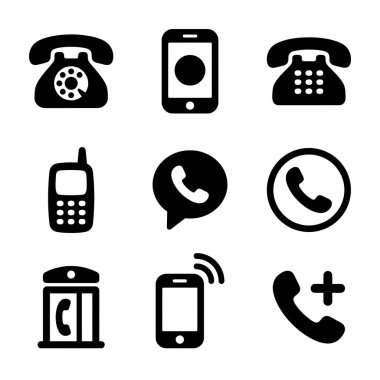 İletişim kavramları için telefon, cep telefonu, akıllı telefon ve telefon kulübesi gibi farklı telefon tiplerini ve çağrı sembollerini temsil eden dokuz basit siyah siluet simgesi koleksiyonu.