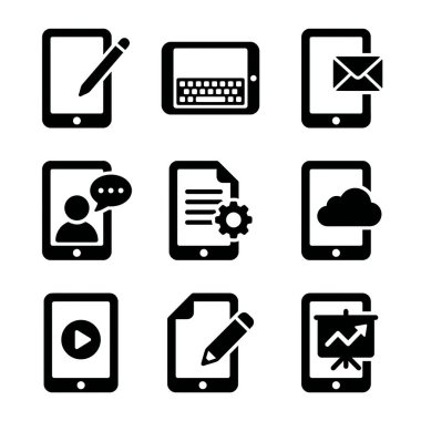 Beyaz arka planda mesajlaşma, bulut depolama, görüntülü sohbet ve veri analizi de dahil olmak üzere çeşitli mobil teknoloji fonksiyonlarını temsil eden dokuz düz sembol seti..
