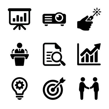 Veri analizi, sunum, stratejik hedefler, yenilik ve ortaklık anlaşmaları gibi ticari kavramları temsil eden dokuz siyah vektör ikonundan oluşan bir koleksiyon.