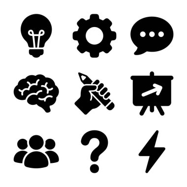 Fikirler, süreç, iletişim, düşünme, yaradılış, strateji, takım çalışması, sorunlar ve ilham gibi kavramları temsil eden dokuz siyah katı kabartma simgenin bir derlemesi.