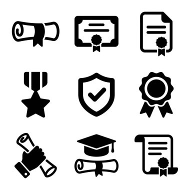 Beyaz bir arkaplanda akademik başarıları temsil eden dokuz basit siyah simge koleksiyonu diplomalar, sertifikalar, ödüller, madalyalar ve mezuniyet sembolleri.