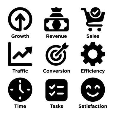 Büyüme, gelir, satış, trafik, dönüşüm, verimlilik, zaman, görev ve web ve mobil uygulamalar için müşteri memnuniyetini temsil eden dokuz temel iş simgesinden oluşan bir koleksiyon.