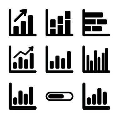 Veri görselleştirme ve analitik için çubuk grafikleri, ilerleme çubukları ve eğilim çizgileri de dahil olmak üzere çeşitli grafik ve grafikleri gösteren dokuz minimalist vektör simgesinden oluşan bir set
