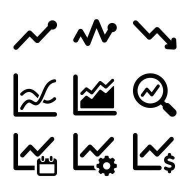 Finansal grafikleri, veri analiz grafiklerini ve iş istatistiklerini temsil eden basit siyah vektör simgelerinin toplanması. Eğilim okları, büyüteç ve ayar simgeleri içerir.