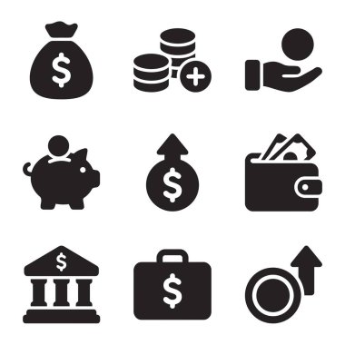 Para çantası, kumbara, cüzdan, banka binası ve finansal büyüme ve yatırım sembolleri de dahil olmak üzere iş ve finans konuları için bir dizi vektör sembol.