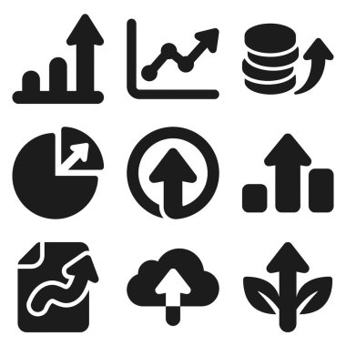 Finansal kazanç, veri tabloları, ilerleme okları ve bulut yüklemesi gibi kavramları temsil eden dokuz siyah simge koleksiyonu. İş sunumları ve kullanıcı arayüzleri için ideal.