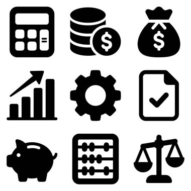 İş ve finans konuları için vektör simgesi ayarlandı. Hesaplama, para, büyüme, yönetim, tasarruf, muhasebe ve hukuki denge sembollerini içerir.