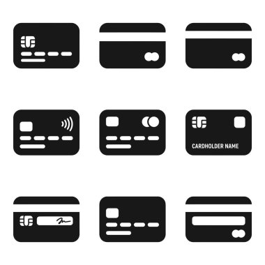 Çeşitli kredi ve banka kartlarını temsil eden dokuz basit siyah-beyaz vektör simgesinden oluşan bir koleksiyon. Temassız ödeme, çip ve manyetik çizgili semboller içerir.
