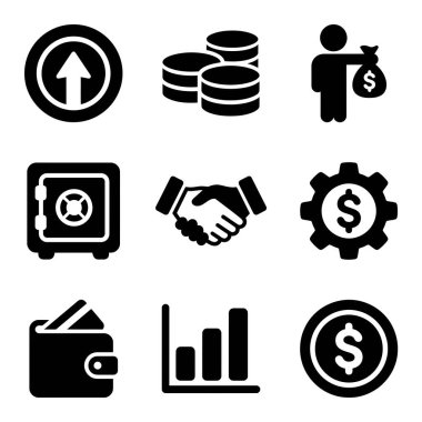 İş uygulamaları için para, büyüme, yatırım, tasarruf, anlaşma ve veri analizi gibi finansal kavramları temsil eden dokuz siyah vektör ikonundan oluşan bir koleksiyon.