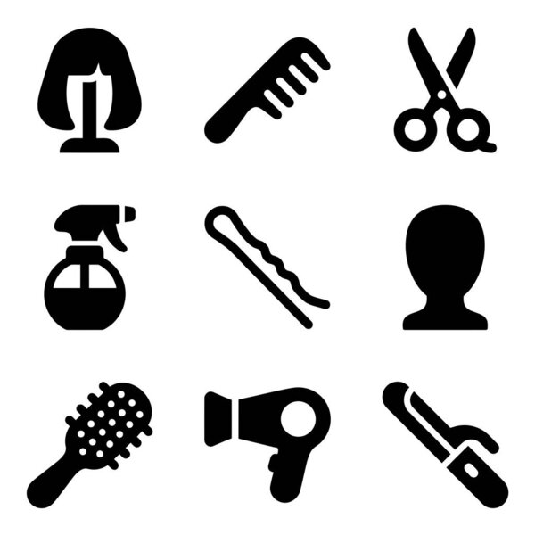 A collection of nine essential hairdressing and beauty salon icons, including scissors, comb, hairdryer, and brush, presented as simple black glyphs on a white background.