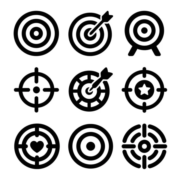 Beyaz arkaplandaki dokuz izole siyah hedef simgesi. Koleksiyonda oklu, nişan, yıldız ve kalp sembollü boğa gözü gibi çeşitli tasarımlar yer alıyor..