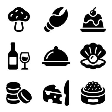 Mantar, yengeç pençesi, puding, şarap, saat, istiridye, makarna, peynir ve havyar gibi gurme ürünleri içeren ikon seti. Basit katı vektör tasarımı.