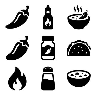 Sıcak ve baharatlı mutfakla ilgili bir çift monokrom kabartma sembolü. Kırmızı biber, acı sos şişesi, taco, çorba kasesi ve alev sembolü. Beyaz arkaplanda izole.