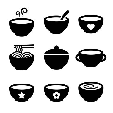Beyaz arka planda izole edilmiş çorba, erişte ve mısır gevreği gibi çeşitli yemek çeşitlerini tasvir eden dokuz basit, düz vektör ikonundan oluşan bir koleksiyon..