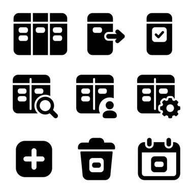 Kullanıcı arayüzü tasarımı için dokuz tane siyah katı kabartma simgesinden oluşan bir koleksiyon. Tablo, çıkış, arama, kullanıcı, ayarlar için semboller içerir, ekle, sil ve takvim.