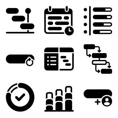 Zaman çizgileri, takvimler, ilerleme çubukları, iş akışı grafikleri ve web ve mobil uygulamalar için görev tamamlama gibi proje yönetimi kavramlarını temsil eden dokuz siyah katı simge koleksiyonu.