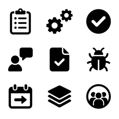 Görev, ayar, onay, iletişim, hatalar, teslim tarihleri, katmanlar ve takımlar gibi iş ve teknoloji kavramlarını temsil eden dokuz siyah simgenin bir derlemesi.