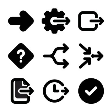 Dokuz temel UI simgesinden oluşan vektör grafik kümesi. Bir sağ ok, dişli işlem, çıkış, soru işareti, şube, birleştirme, dosya ihracatı, zaman geçmişi ve onay simgeleri.