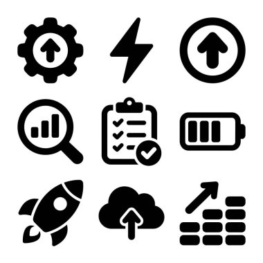 Beyaz arka planda veri analizi, performans artışı, bulut yüklemesi, başlatılması ve iş büyümesi gibi kavramları temsil eden dokuz katı siyah simge koleksiyonu.