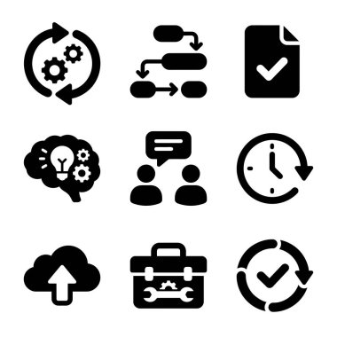 İş akışı otomasyonu, beyin fırtınası, iletişim, zaman yönetimi ve proje tamamlama gibi ticari kavramları temsil eden dokuz katı siyah simge koleksiyonu.