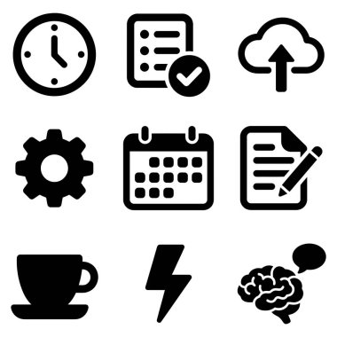 Proje yönetimi ve iş akışı için dokuz temel sembol saat takvimi kontrol listesi, vites yükseltme dişlisi kahve fincanı beyni ve şimşek sürgüsü içeren bir koleksiyon.