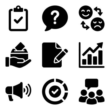 Müşteri geribildirim, anket, oylama, veri analizi, piyasa araştırması ve grup tartışması gibi kavramları temsil eden dokuz siyah katı stil ikonundan oluşan bir koleksiyon. Pano, soru işareti, duygusal yüzler, oy sandığı ve çizelgeler içerir.