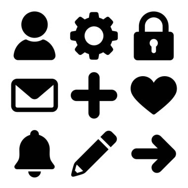 UI tasarımı için dokuz temel simge seti. Kullanıcı, ayar, kilit, e-posta, bildirim, düzenleme ve sonraki ok sembollerini içerir. Beyaz bir arkaplanda izole edilmiş.