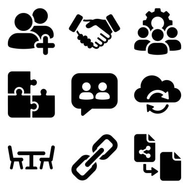 Kullanıcı ekleme, el sıkışma, takım yönetimi, bulmacalar, sohbet, bulut senkronizasyonu, toplantılar, bağlantılar ve dosya paylaşımı gibi kavramları temsil eden dokuz düz vektör simgesinden oluşan bir koleksiyon.